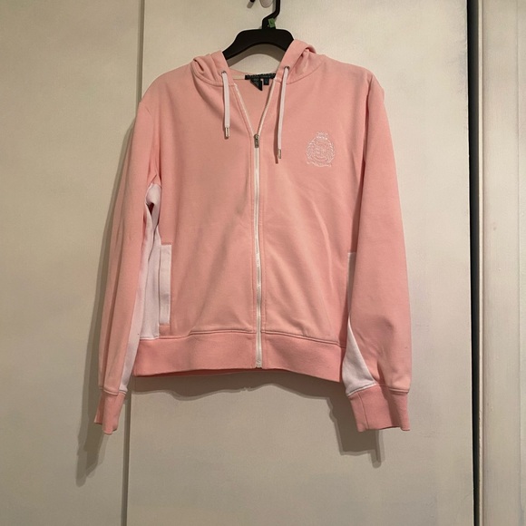 Ralph Lauren Jackets & Blazers - Ralph Lauren Light Pink  and White Zip-Up Hoodie, Logo on Chest, Long Sleeve (L)